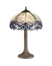 Pizza 1 Light Tree Like Table Lamp E27 With 30cm Tiffany Shade, Blue/Clear Crystal/Aged Antique Brass
