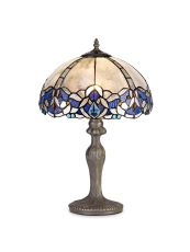 Pizza 1 Light Curved Table Lamp E27 With 30cm Tiffany Shade, Blue/Clear Crystal/Aged Antique Brass