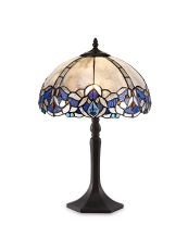 Pizza 1 Light Octagonal Table Lamp E27 With 30cm Tiffany Shade, Blue/Clear Crystal/Aged Antique Brass