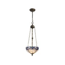 Pizza 3 Light Uplighter Pendant E27 With 30cm Tiffany Shade, Blue/Clear Crystal/Aged Antique Brass