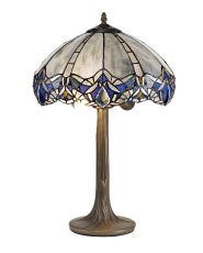 Pizza 2 Light Tree Like Table Lamp E27 With 40cm Tiffany Shade, Blue/Clear Crystal/Aged Antique Brass