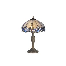 Pizza 2 Light Curved Table Lamp E27 With 40cm Tiffany Shade, Blue/Clear Crystal/Aged Antique Brass