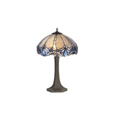 Pizza 2 Light Octagonal Table Lamp E27 With 40cm Tiffany Shade, Blue/Clear Crystal/Aged Antique Brass