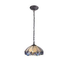 Pizza 1 Light Downlight Pendant E27 With 40cm Tiffany Shade, Blue/Clear Crystal/Aged Antique Brass
