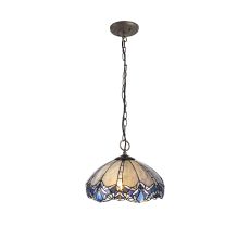 Pizza 3 Light Downlight Pendant E27 With 40cm Tiffany Shade, Blue/Clear Crystal/Aged Antique Brass