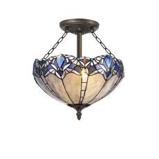Pizza 41cm 3 Light Semi Flush E27 With 40cm Tiffany Shade, Blue/Clear Crystal/Aged Antique Brass