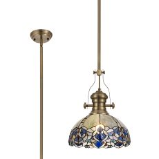 Pizza 1 Light Pendant E27 With 30cm Tiffany Shade, Antique Brass/Blue/Clear Crystal