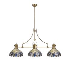 Pizza 3 Light Linear Pendant E27 With 30cm Tiffany Shade, Antique Brass, Blue, Clear Crystal