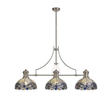 Pizza 3 Light Linear Pendant E27 With 30cm Tiffany Shade, Polished Nickel, Blue, Clear Crystal