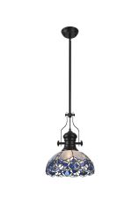 Pizza 1 Light Pendant E27 With 30cm Tiffany Shade, Matt Black/Blue/Clear Crystal