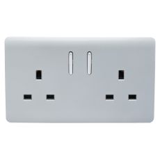 Trendi, Artistic Modern 2 Gang 13Amp Short Switched Double  Socket Silver Finish, BRITISH MADE, (25mm Back Box Required), 5yrs Warranty