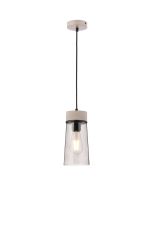 Konos 12cm 1 Light Pendant E27, With Small Cylindrical Smoke Cone Glass, Matt Black / Concrete / Smoke / Black Fabric