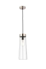 Konos 13cm 1 Light Pendant E27, With Large Clear Cylindrical Cone Glass Satin Nickel / Clear / Black Fabric