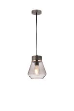 Konos 18cm 1 Light Pendant E27, Withe Smoke Glass Aged Pewter / Smoke / Black Fabric