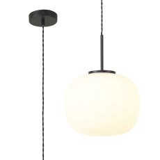 Horus Medium Oval Ball Pendant 1 Light E27 Matt Black Suspension With Frosted White Glass Globe