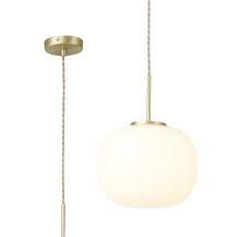 Horus Medium Oval Ball Pendant 1 Light E27 Satin Gold Suspension With Frosted White Glass Globe