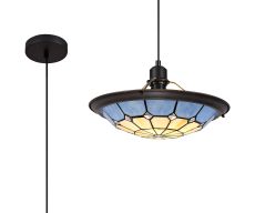 Seekingon 1 Light Pendant E27 With 35cm Tiffany Shade, Cream/Rich Blue/Clear Crystal Centre/Aged Antique Brass Trim/Black
