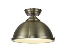 Amara 1 Light Flush Ceiling E27 With Round 31cm Metal Shade Antique Brass/Frosted White