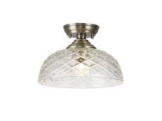 Amara 1 Light Flush Ceiling E27 With Flat Round 30cm Patterned Glass Shade Antique Brass/Clear