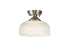 Amara 1 Light Flush Ceiling E27 With Round 26.5cm Prismatic Effect Glass Shade Antique Brass/Clear