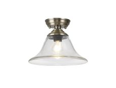 Amara 1 Light Flush Ceiling E27 With Smooth Bell 30cm Glass Shade Antique Brass/Clear