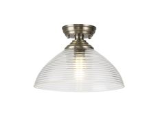 Amara 1 Light Flush Ceiling E27 With Round 33.5cm Prismatic Effect Glass Shade Antique Brass/Clear