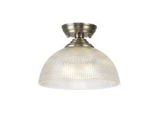 Amara 1 Light Flush Ceiling E27 With Round 30cm Prismatic Effect Glass Shade Antique Brass/Clear
