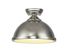 Amara 1 Light Flush Ceiling E27 With Round 31cm Metal Shade Polished Nickel/Frosted White