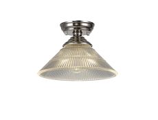 Amara 1 Light Flush Ceiling E27 With Cone 30cm Glass Shade Polished Nickel/Clear