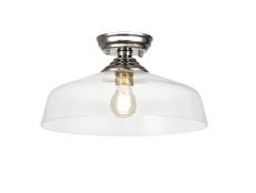 Amara 1 Light Flush Ceiling E27 With Flat Round 38cm Glass Shade Polished Nickel/Clear