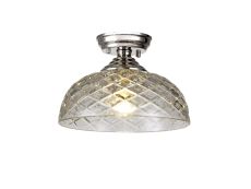 Amara 1 Light Flush Ceiling E27 With Flat Round 30cm Patterned Glass Shade Polished Nickel/Clear