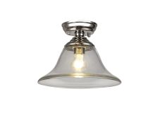 Amara 1 Light Flush Ceiling E27 With Smooth Bell 30cm Glass Shade Polished Nickel/Clear