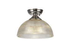 Amara 1 Light Flush Ceiling E27 With Round 30cm Prismatic Effect Glass Shade Polished Nickel/Clear