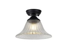 Amara 1 Light Flush Ceiling E27 With Bell 30cm Glass Shade Matt Black/Clear