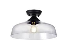 Amara 1 Light Flush Ceiling E27 With Flat Round 38cm Glass Shade Matt Black/Clear