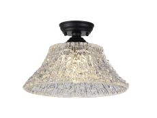 Amara 1 Light Flush Ceiling E27 With Round 38cm Patterned Glass Shade Matt Black/Clear