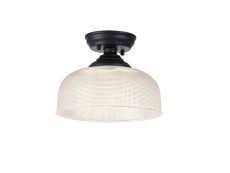 Amara 1 Light Flush Ceiling E27 With Round 26.5cm Prismatic Effect Glass Shade Matt Black/Clear