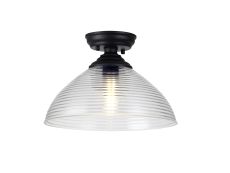 Amara 1 Light Flush Ceiling E27 With Round 33.5cm Prismatic Effect Glass Shade Matt Black/Clear