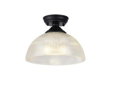 Amara 1 Light Flush Ceiling E27 With Round 30cm Prismatic Effect Glass Shade Matt Black/Clear