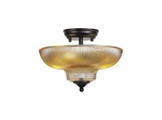 Amara 2 Light Semi Flush Ceiling E27 With Round 30cm Glass Shade Matt Black/Amber