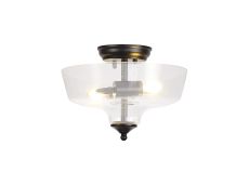 Amara 2 Light Semi Flush Ceiling E27 With Flat Round 30cm Glass Shade Matt Black/Clear