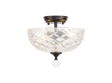 Amara 2 Light Semi Flush Ceiling E27 With Flat Round 30cm Patterned Glass Shade Matt Black/Clear