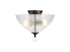 Amara 2 Light Semi Flush Ceiling E27 With Round 33.5cm Prismatic Effect Glass Shade Matt Black/Clear
