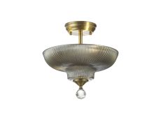 Amara 2 Light Semi Flush Ceiling E27 With Round 30cm Glass Shade Antique Brass/Smoked