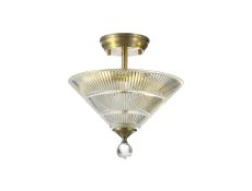Amara 2 Light Semi Flush Ceiling E27 With Cone 30cm Glass Shade Antique Brass/Clear