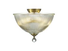 Amara 2 Light Semi Flush Ceiling E27 With Dome 38cm Glass Shade Antique Brass/Clear