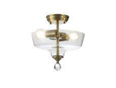 Amara 2 Light Semi Flush Ceiling E27 With Flat Round 30cm Glass Shade Antique Brass/Clear