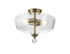 Amara 2 Light Semi Flush Ceiling E27 With Flat Round 38cm Glass Shade Antique Brass/Clear