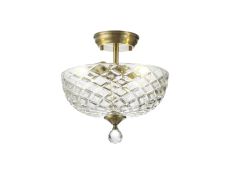 Amara 2 Light Semi Flush Ceiling E27 With Flat Round 30cm Patterned Glass Shade Antique Brass/Clear