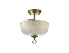 Amara 2 Light Semi Flush Ceiling E27 With Round 26.5cm Prismatic Effect Glass Shade Antique Brass/Clear